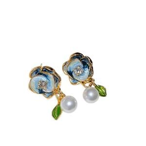 Camellia Flower Style Oil Drip Enamel Faux Pearl Gold Plated Earrings*Gorgeous